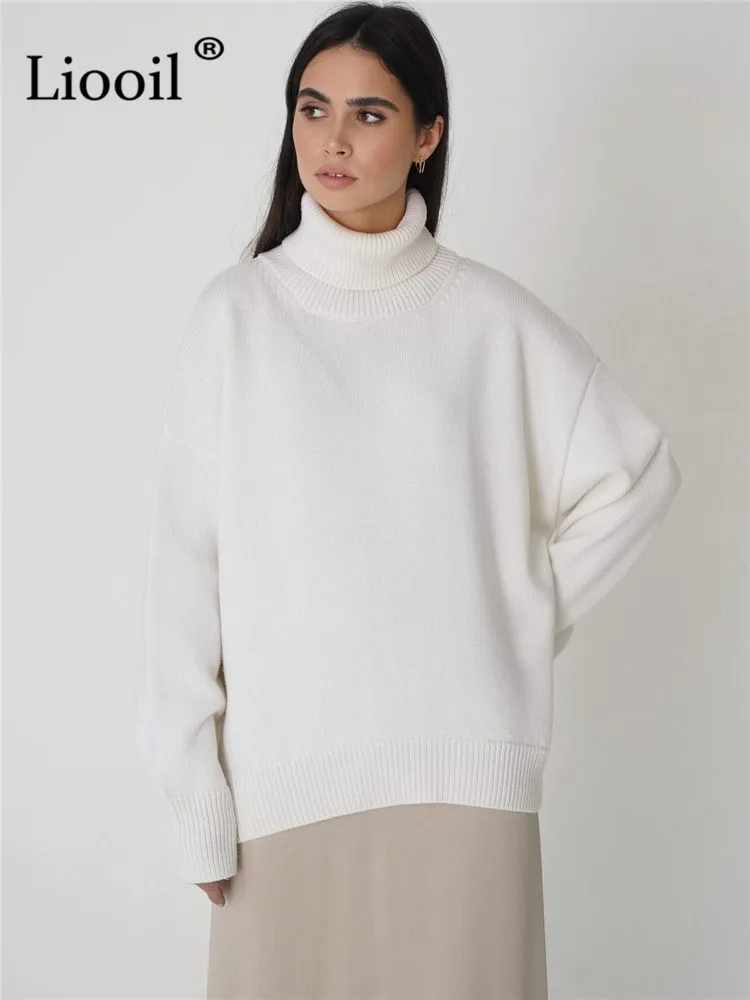 Liooil Knit Turtleneck Sweater Women Pullovers Long Sleeve Knitting Tops Female Jumper Autumn Winter Streetwear Baggy Sweaters