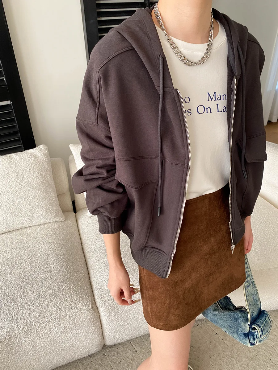 Spring women's casual solid color sports style loose hooded sweatshirt