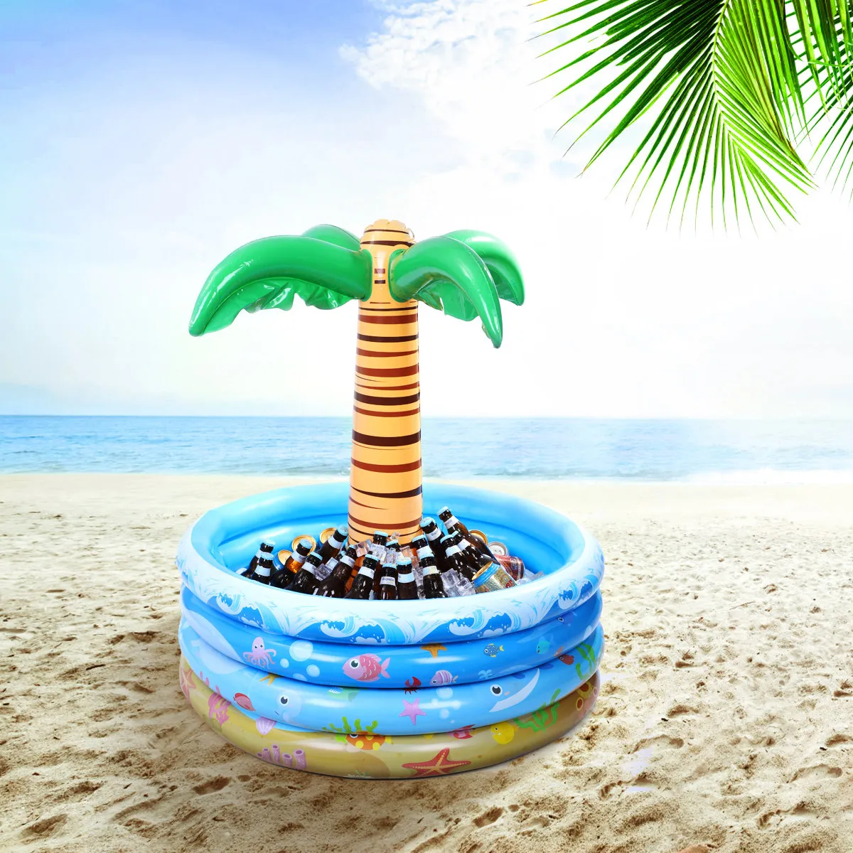 90x95cm Palm Tree Inflatable Cooler Thick PVC Material Large Capacity Floating Cooler for Pool Summer Luau Party