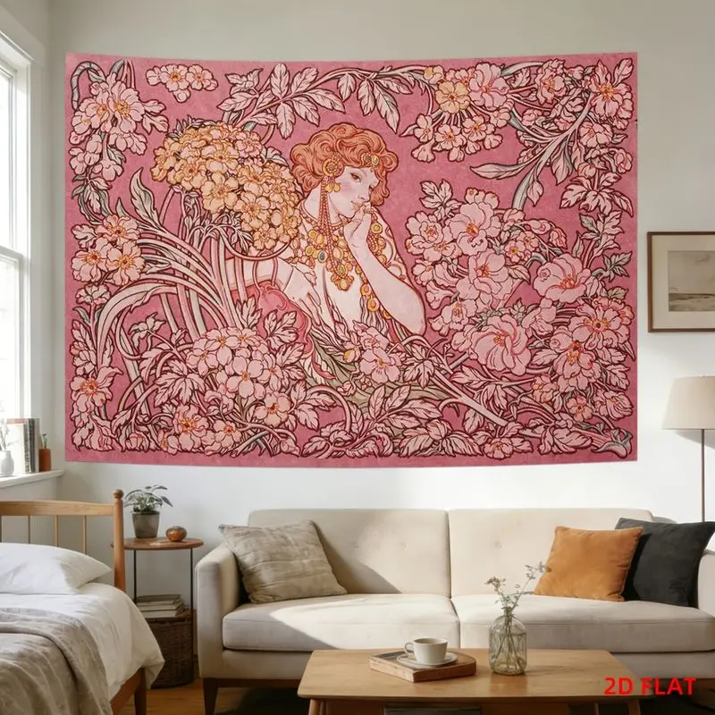 VIKAMA Mucha Retro Pink Floral Beauty Art Nouveau Tapestry Hanging Fabric Trendy Cool Wall Decoration Room Decoration