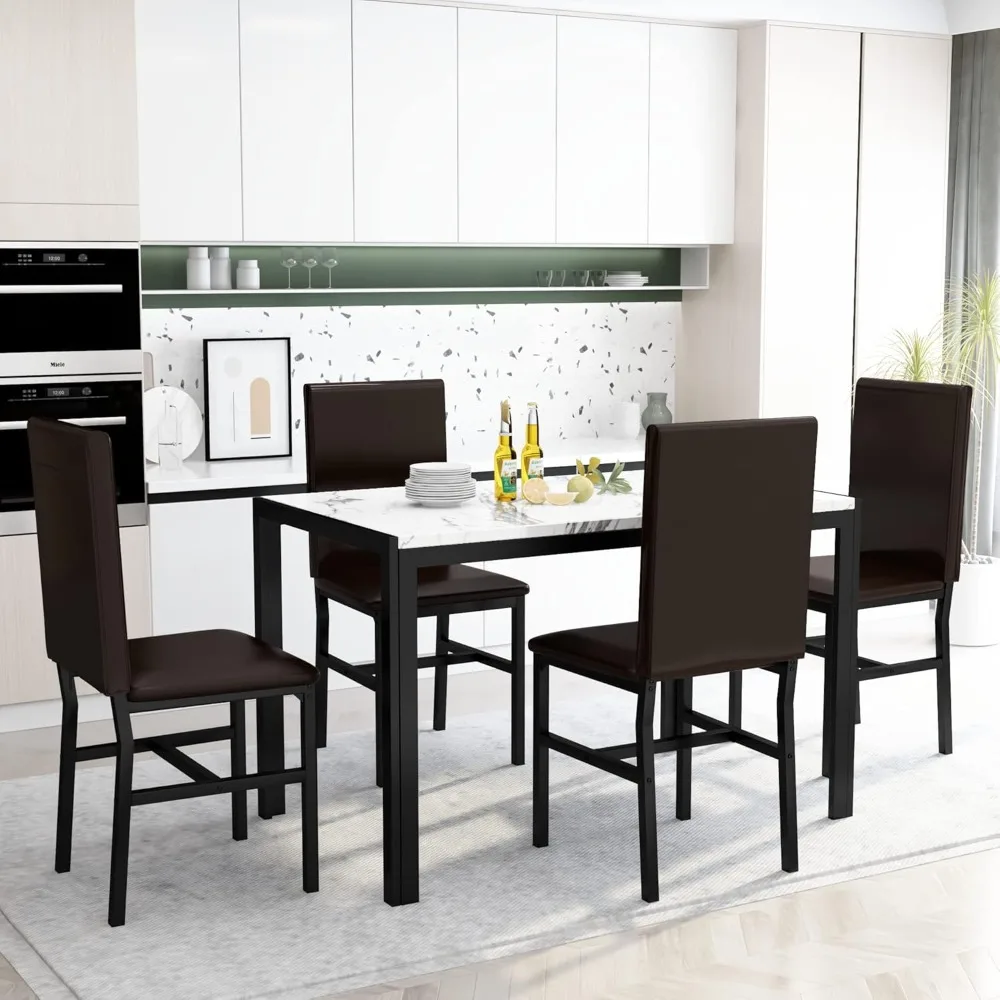 Sets for 4, 5 Piece Faux Marble Kitchen Table and Chairs Set for 4 Person, 47