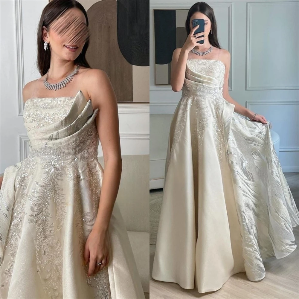 Customized Satin Sequined Beading Applique Ruched Clubbing A-line Strapless Bespoke Occasion Gown Long Dresses