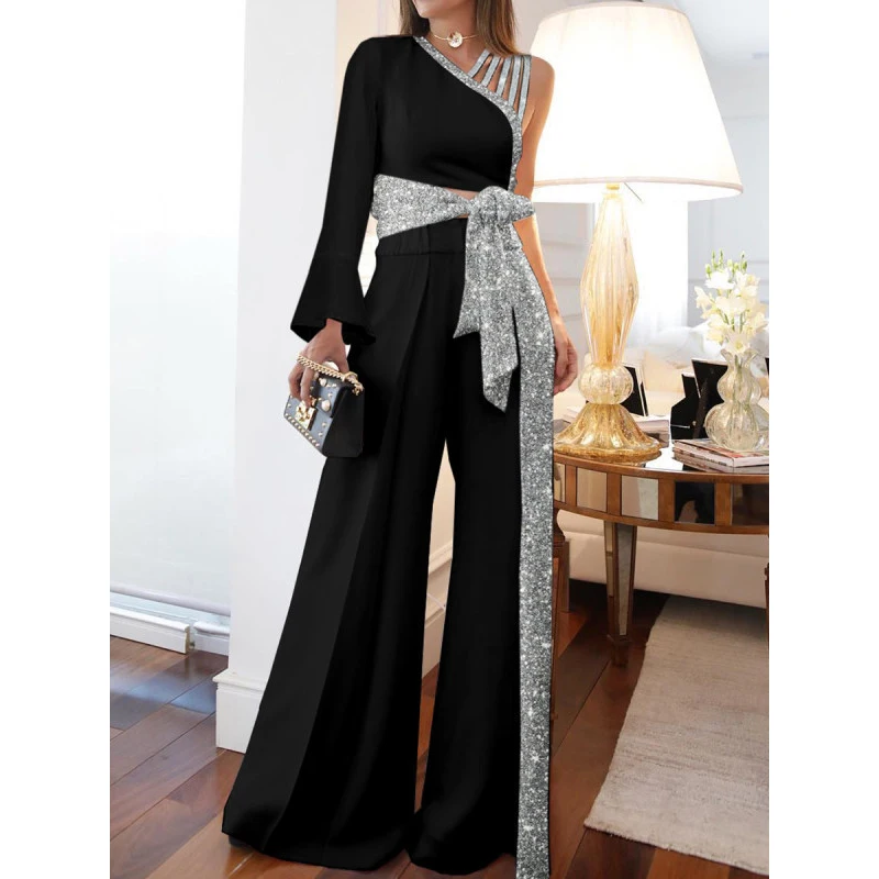 Elegant Women Jumpsuits Casual Long Sleeve One Shoulder Shiny Wide Leg Jumpsuit Lace Up Loose Wide Legs Romper High Streetwear