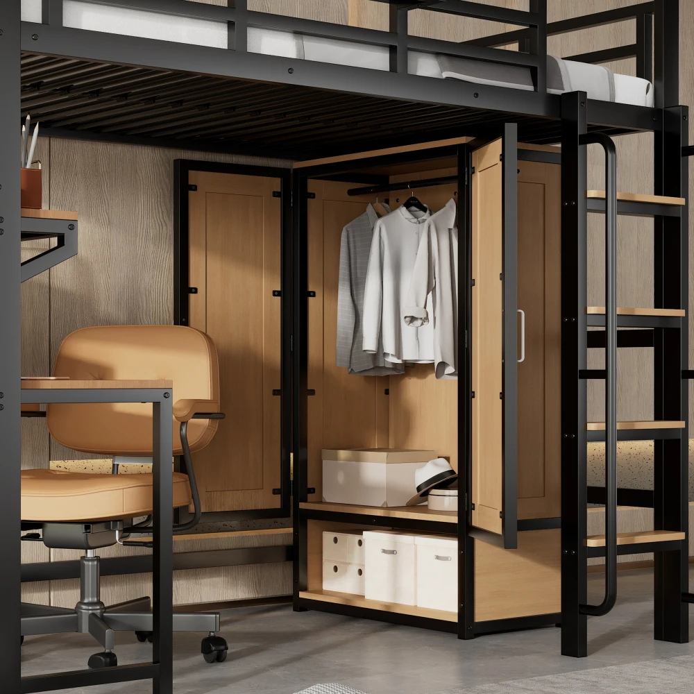 PINGGO Schwarz & Naturfarbenes Eisen-Etagenbett 90x200cm mit Kleiderschrank, Treppe, Schreibtisch, Staufächern, Metall, MDF, ohne Matratze – Detail 16