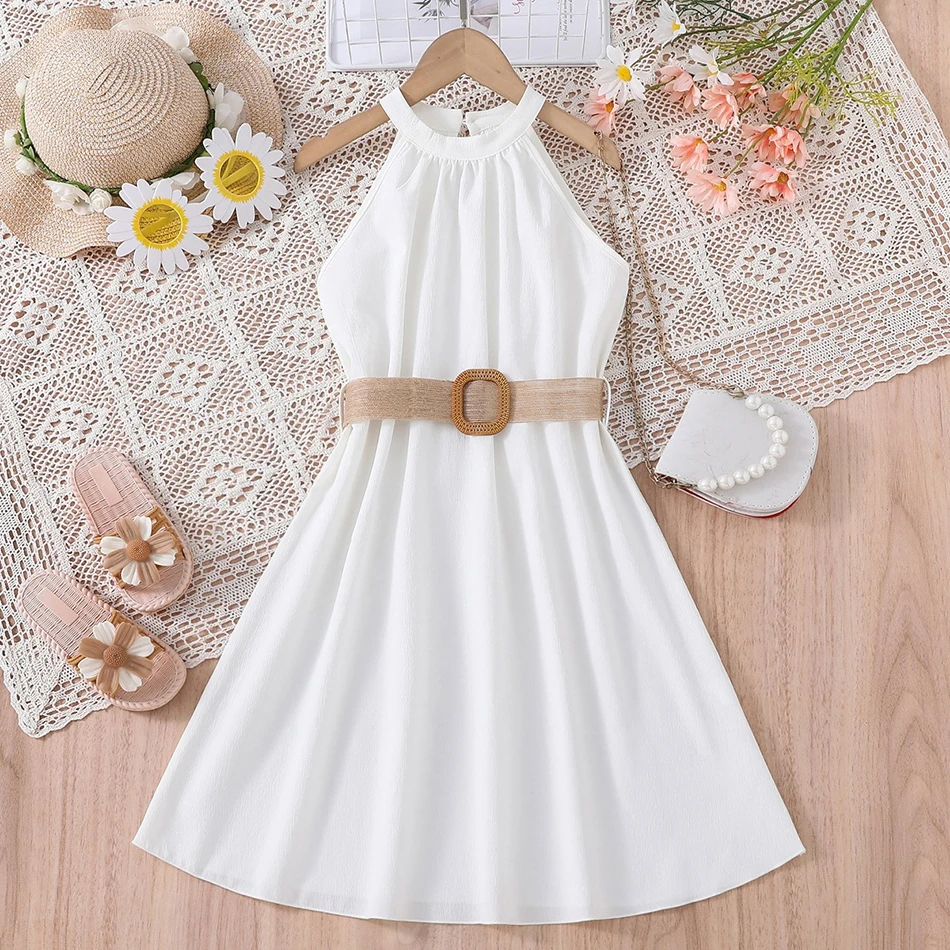 Stylish Girls Solid Color Off-Shoulder Halter Neck Dress Summer Parties and Special Occasions Dress Girls Casual Dresses 8-12Y