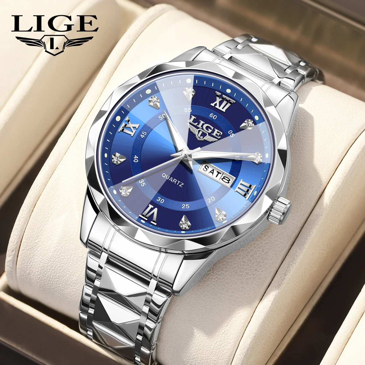 

LIGE Men Fashion Business Watch Water Diamond Luxury Night Glow Calendar Quartz Movement Silver Blue Stainless Steel Men Watch