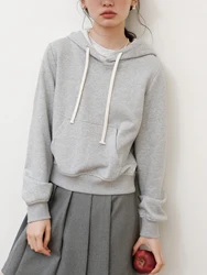 ZIQIAO Women Hoodies Grey Front Shoulder Short hooded Sweatshirts Drawstring Design 2024 Autumn Beige Pullovers 24ZQ93262