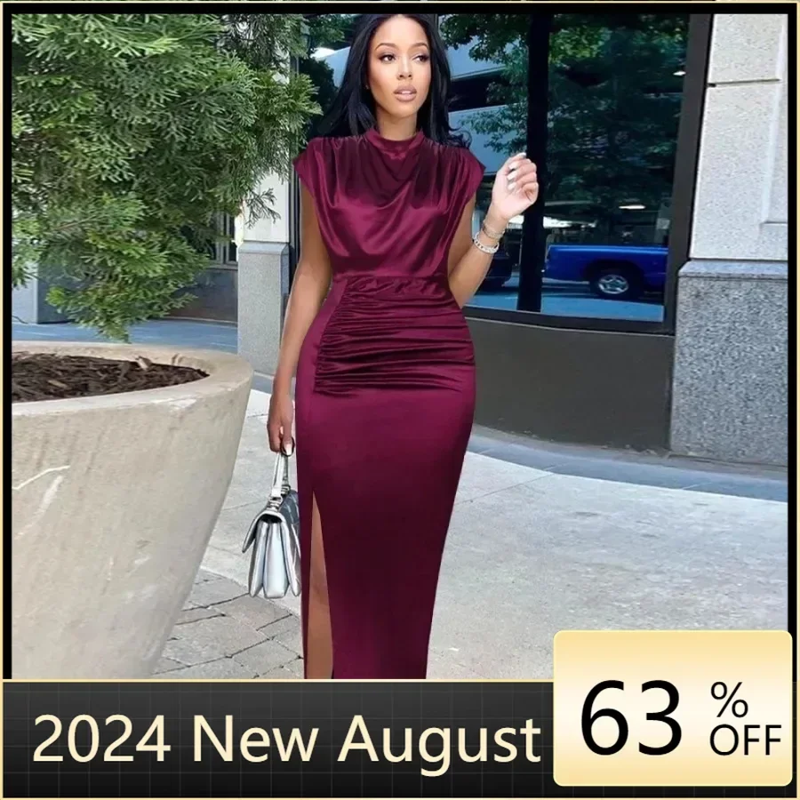 

Women Dress Pleated Long Wine Red Elegant Slit High Collar Slim Fit Sleeveless Maxi Robes Female Shiny Gowns Party 2024 Spring