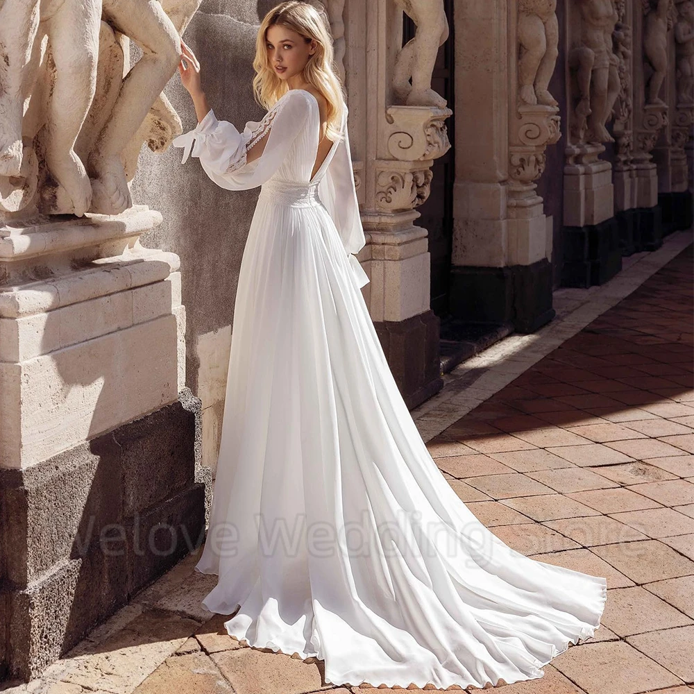 Boho Chiffon Wedding Dress Sexy High Side Slit A-Line Floor Length Bridal Long Sleeves with Lace Backless Sweep Train Gowns