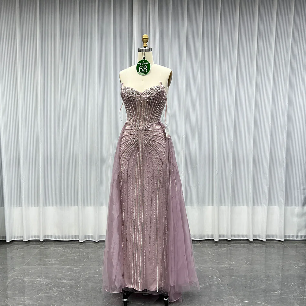 

YQLNNE 068 Luxury Pink Rhinestones Long Evening Dresses With Removable Skirt