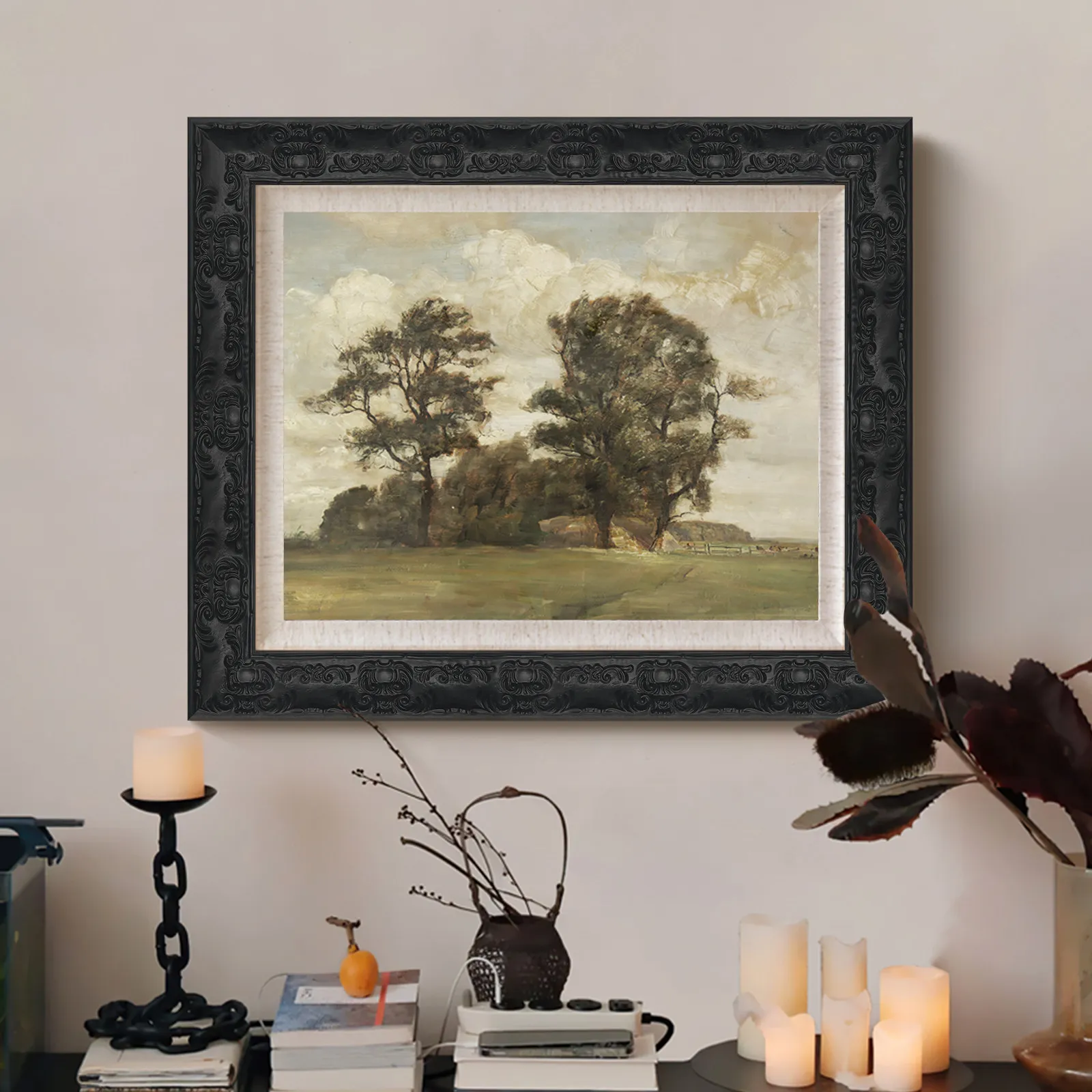 Vintage Black Carved Wood Photo Frame, French Baroque Floral Relief Moulding with Matte Finish for Oil Painting Home Decor