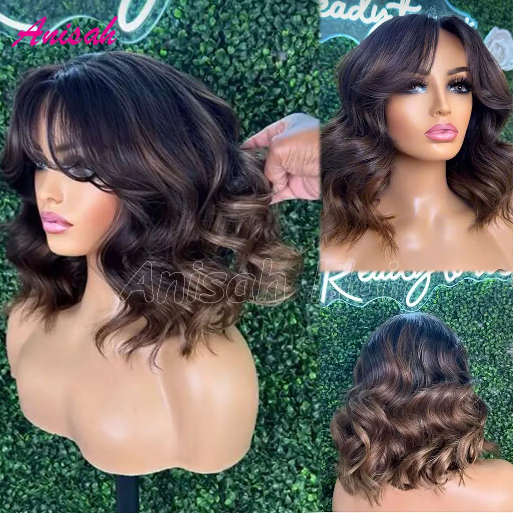 

13X4 Body Wave Lace Front Wig With Bangs Brazilian Ombre Human Hair Wigs for Women Glueless Transparent Lace Frontal Closure Wig