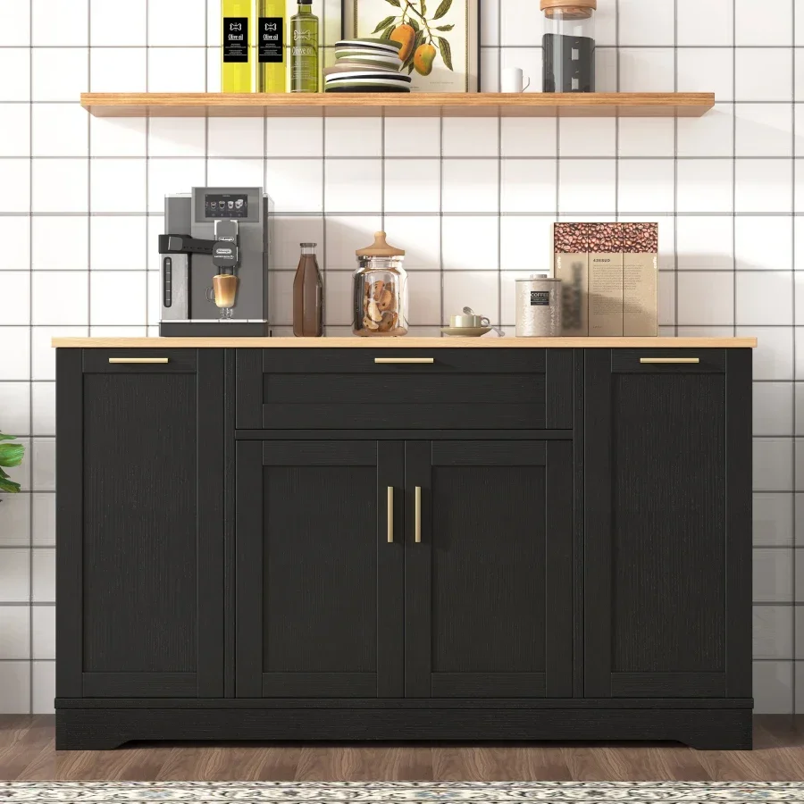 TREXM Multi-Functional Storage Sideboard, Extendable Dining Table, Adjustable Shelves, 3-Tier Pull-Out Rack, Kitchen Island Sto