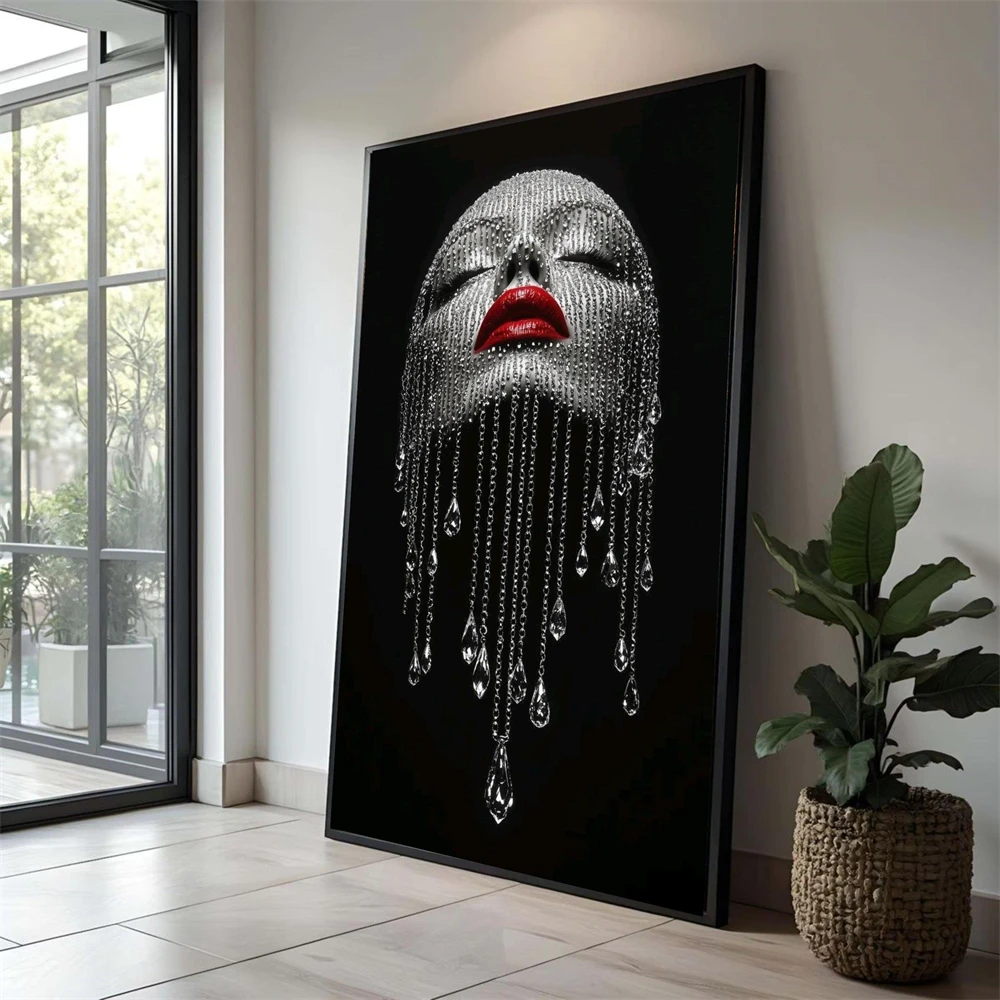 Glamorous Woman Face Canvas Painting Crystal Chain Art Prints Red Lips Wall Art Poster Modern Fashion Decor Luxury Home Decor