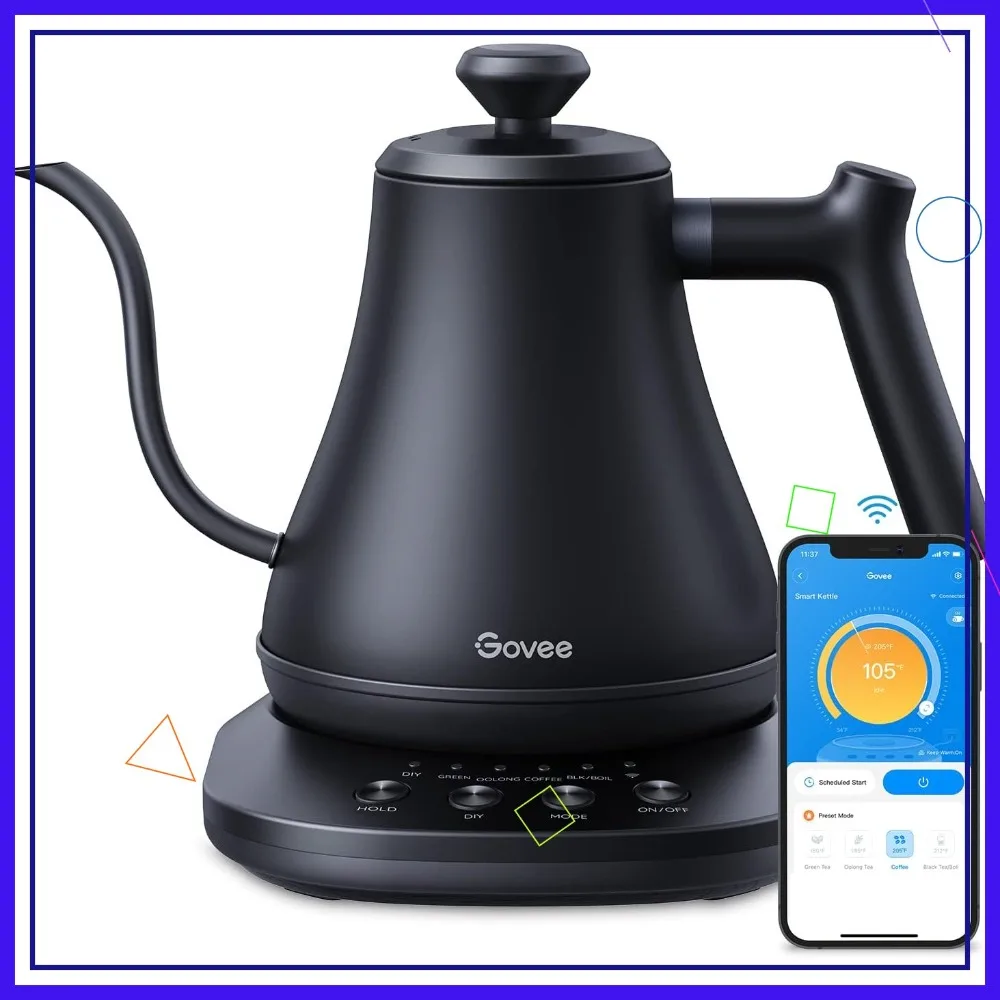 

Умный электрический чайник с Wi-Fi и гибким изливом, управление через Alexa, быстрый нагрев 1200 Вт, нержавеющая сталь, 0,8 л, матовый черный