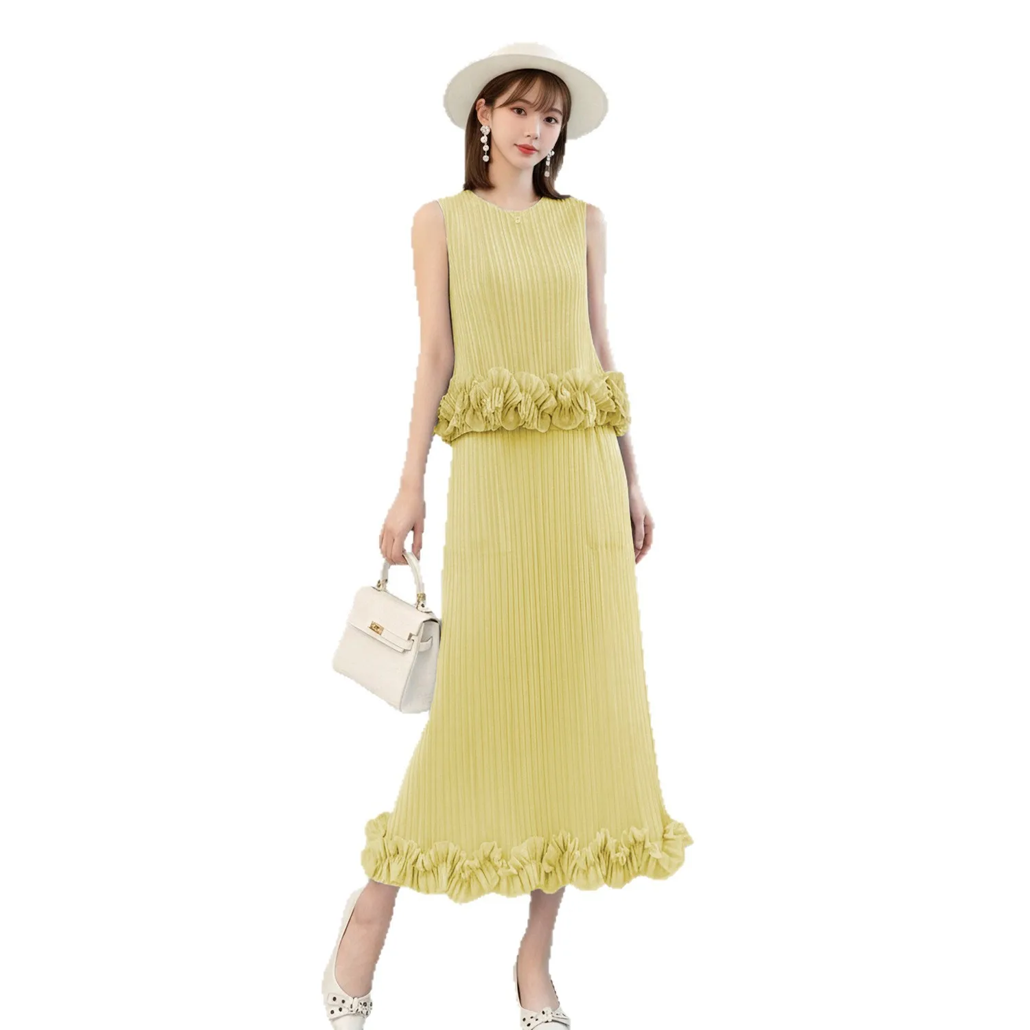 Miyake Pleated Women's Casual Suit 2026 Summer New Solid Color Three-dimensional Flower Sleeveless Top and Skirt Two-piece Set