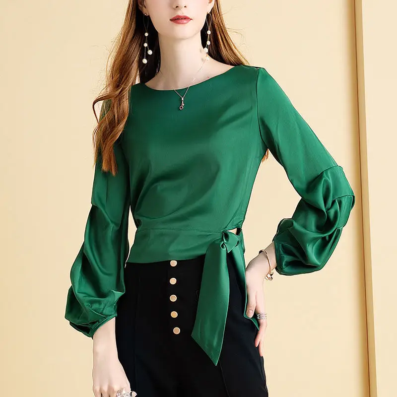 Spring New Green Lantern Sleeve Shirt Women Solid O- Neck Design Feeling Small Folds Drawstring Fashion Pullover Long Sleeve Top