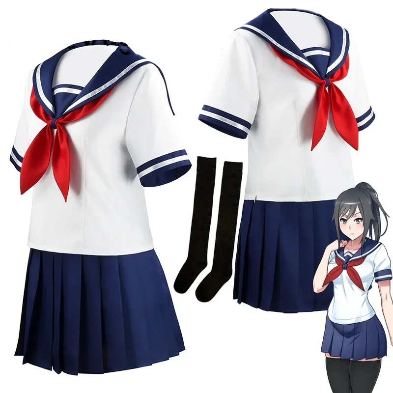 Neuankömmling Ayano Aishi Cosplay Spiel Yandere Simulator Uniform Halloween Kostüm Frauen Kurzarm Top Rock Matrosen anzug