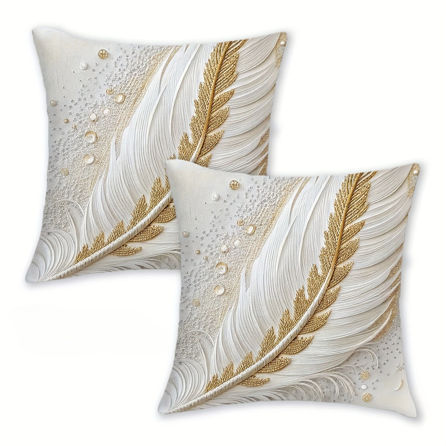 Short Plush Flat Printing Elegant Golden Feathers Throw Pillow Covers,  Non-real Embroidery Abstract Beige Comfortable Bedding,