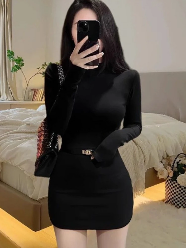 Sexy Half High Collar Woman Dress Long Sleeve Tunic Temperament Robe Femme Slim Waist Bodycon Mini Dresses 2025 Vestido De Mujer