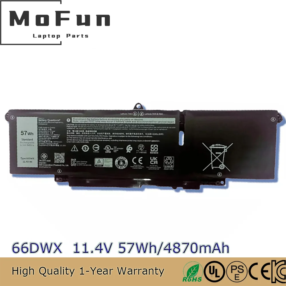 Оригинальный аккумулятор для ноутбука 66DWX WW8N8 11,4 В 57 Втч для Dell Latitude 7340 7440 7640 047T0 0HYH8 P175G P176G 3ICP6/65/78 et