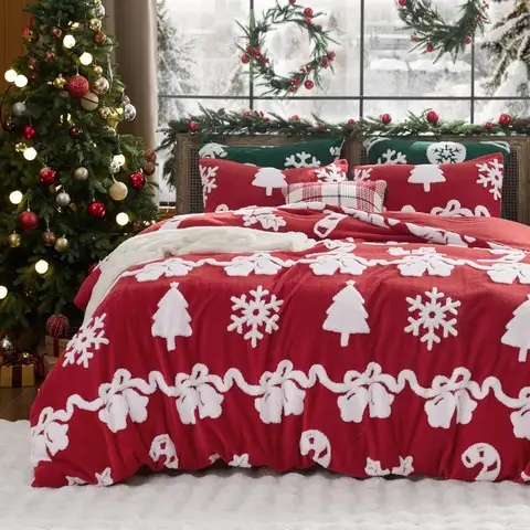 Fluffy Christmas Duvet Cover Set - Winter Warm 3 Pieces King Size Ultra Soft Plush Shaggy Bedding Set with Bell Candy Sticks Pa