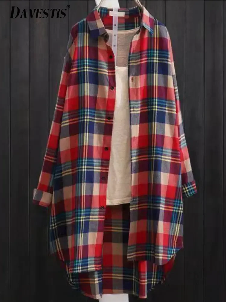 Casual Plaid Thick Midi Length Shirt Women 2024 Autumn Korean Fashion Polo Neck Single Breasted Winter Loose Blouses
