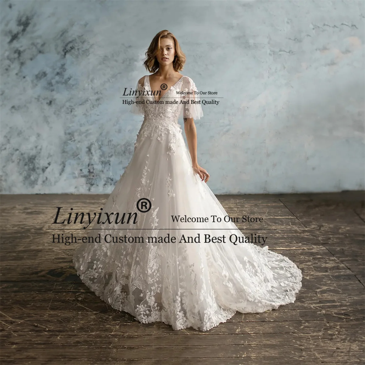 

Boho Lace Wedding Dress Princess Appliques V Neck Short Sleeves Robe De Mariée Sexy Beach Backless Sweep Train Bridal Gowns