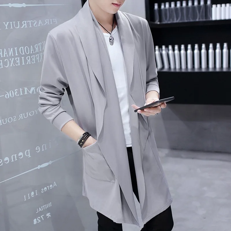 KIDWHXR Herbst Herren Trenchcoat Koreanischer Stil Dünner Einfacher Einfarbiger Cardigan mit Taschen Mittellange Ärmel Bequeme Herren-Oberbekleidung – Detail 2
