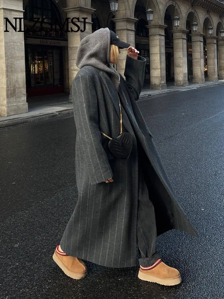 

TRAF Autumn Winter Women Stripe Wool Blends Overcoat Fashion Lapel Long Sleeve Loose Long Jacket Lady New Street Outerwears