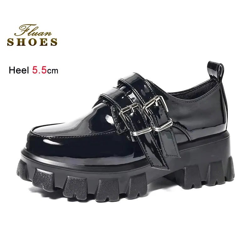 

Glossy Patent leather Thick Soled Loafers Woman 5.5CM Spring Casual Shoes With Buckle Strap British Style Zapatos Para Mujer CD