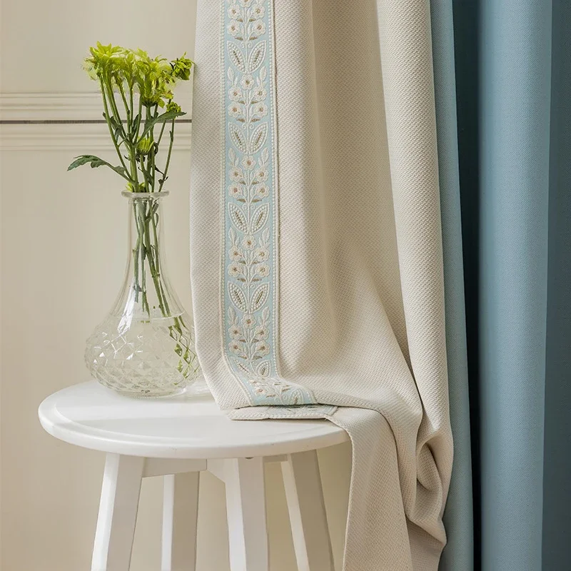 French Cream Style Blue Curtain Splicing Fabric Thickened Blackout Curtains for Living Dining Room Bedroom Customization