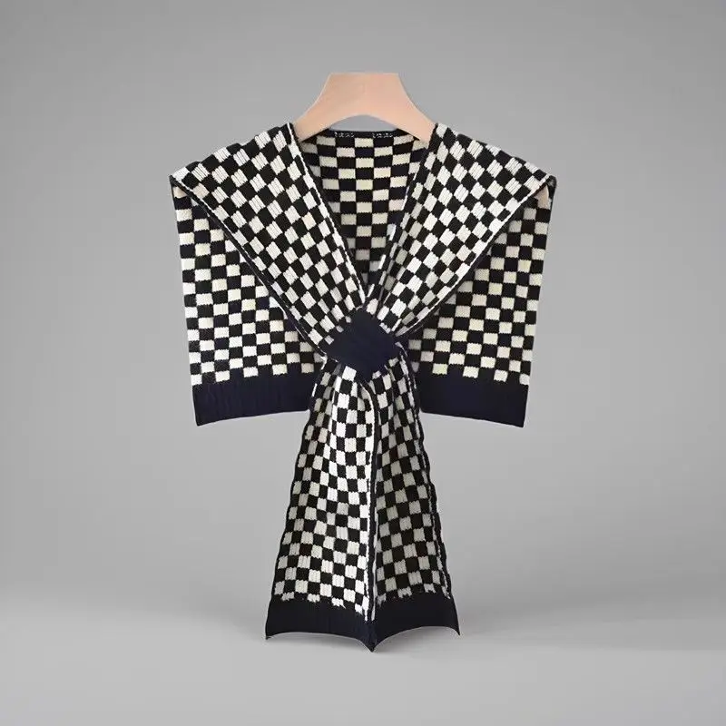 Women Checkerboard Knitted Shawl Wrap Cross Tie Shoulder Warmer Cape For Spring Fall Air Conditioned Room Winter Daily Outerwear