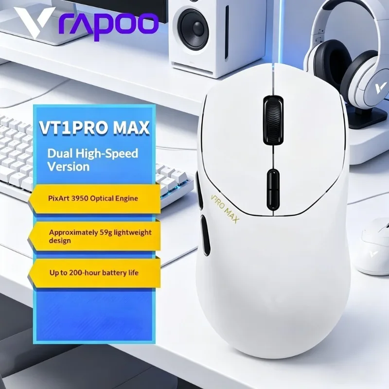 

Rapoo VT1PRO MAX Wireless Gaming Mouse 59g Lightweight 8KHz Polling Rate 30000DPI 9 Programmable Buttons Ultimate Optical