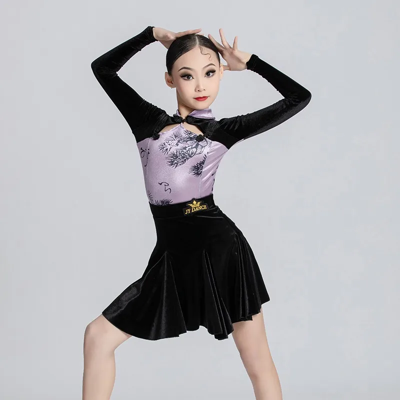 Tenue de danse latine pour filles, ensemble pantalon évasé en velours hiver et automne, pour spectacles chinoises, tenue de danse pour enfants