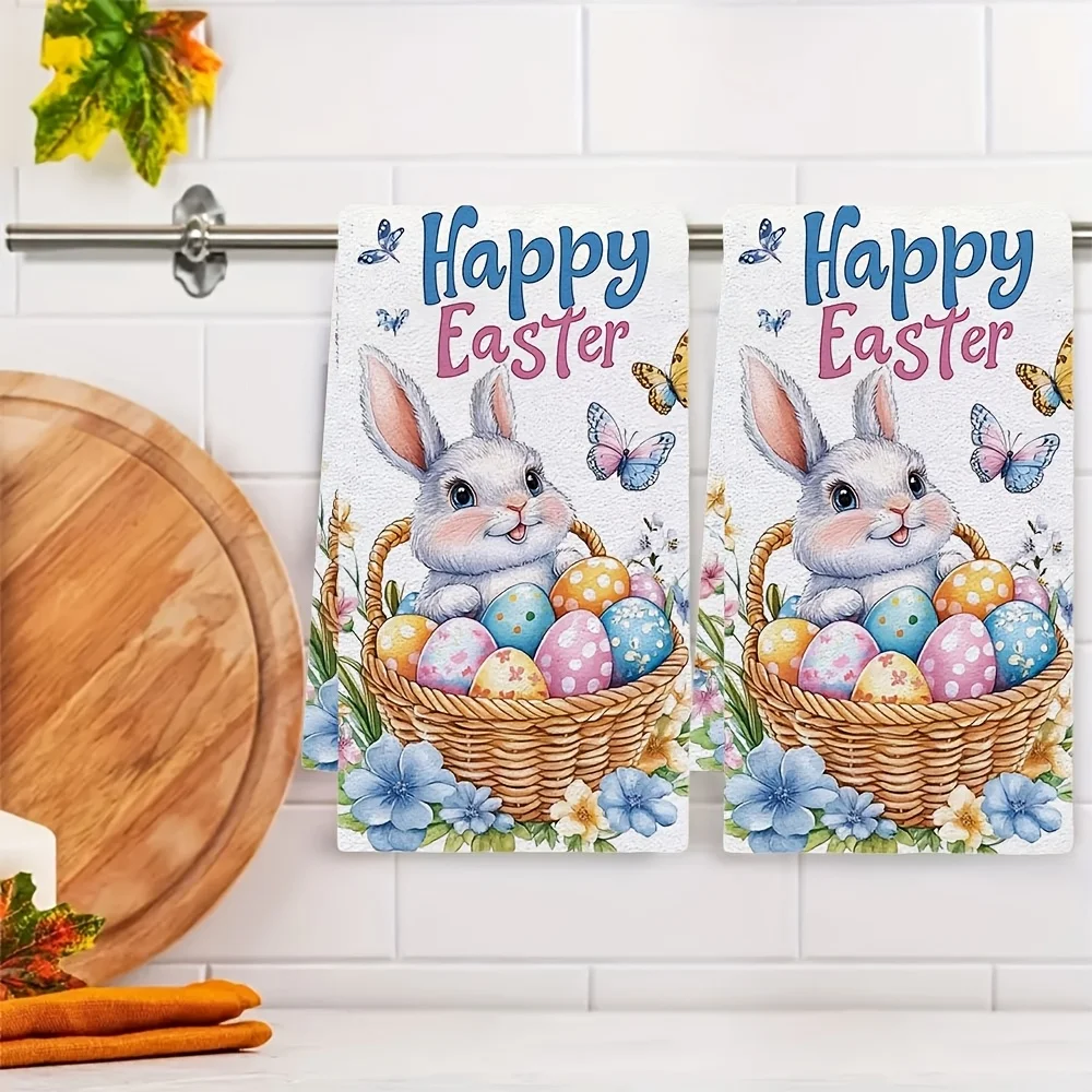 2Pcs, Easter Butterfly Bunny Egg Kitchen Towels, 40Cm*60Cm Towel Set, Super Absorbent Soft Cleaning Cloth, Cooking and Baking Tea Towel, Hand Towel, Cleaning Cloth, Dishwashing Cloth, Kitchen Decoration, Living Room Decorations, Kitchen Essentials, Home Essentials