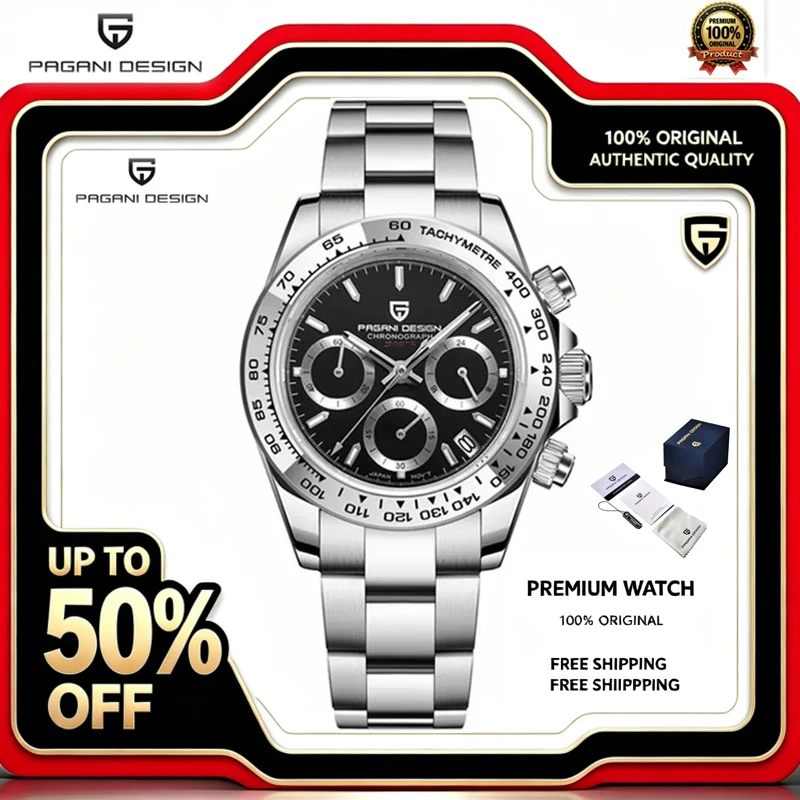 PAGANI DESIGN Luxury Men's Quartz Wristwatches Stainless Steel Bezel Sapphire Glass Chronograph VK63 Movement Waterproof Busines