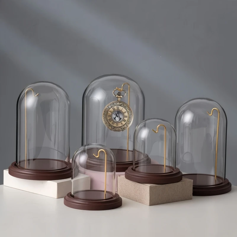 2sets/pack Different Size Glass Dust Cover Wood Base with Stand Hanger Transparent Dome DIY Friend Gift Wedding Favor Prop
