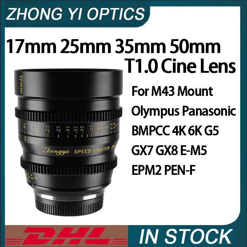 Zhongyi 17mm 25mm 35mm 50mm T1.0 Cine Lens Manual Focus For M43 Mount Olympus Panasonic BMPCC 4K 6K G5 GX7 GX8 E-M5 EPM2 PEN-F