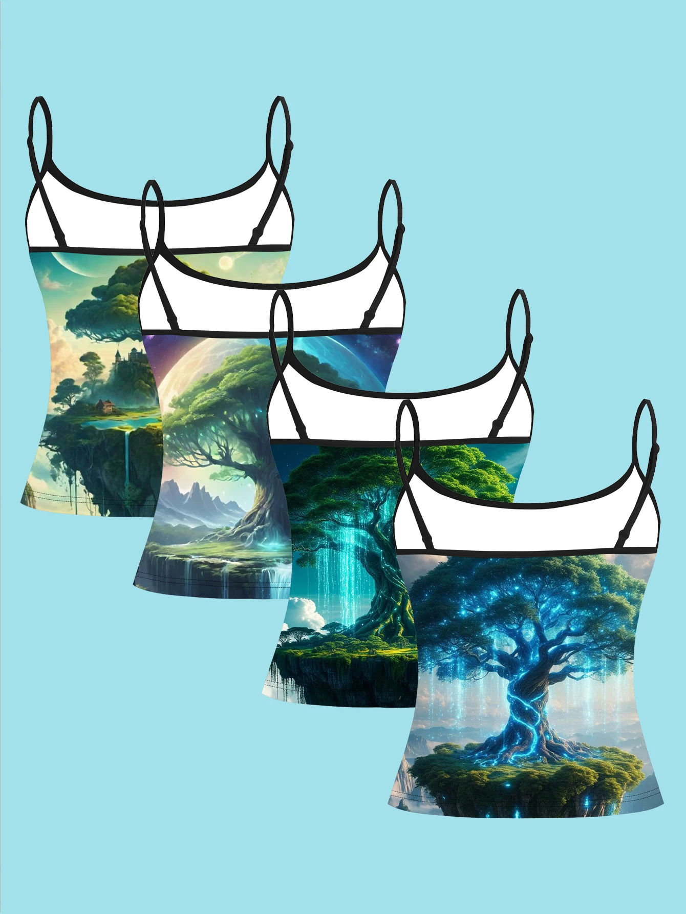 4-Piece Set of Magic Giant Tree Starry Sky Suspenders Set, Floating Island Waterfall Planet Ancient Tree Women's Base Layer Tank Top