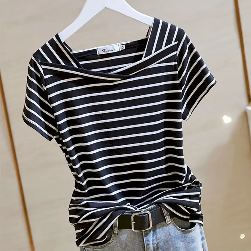 100% Cotton T Shirts Women Fashion Striped V-Neck T-Shirt Casual Short Sleeve Tops 2024 Summer Trend Thin Oversized Tshirt Y2k