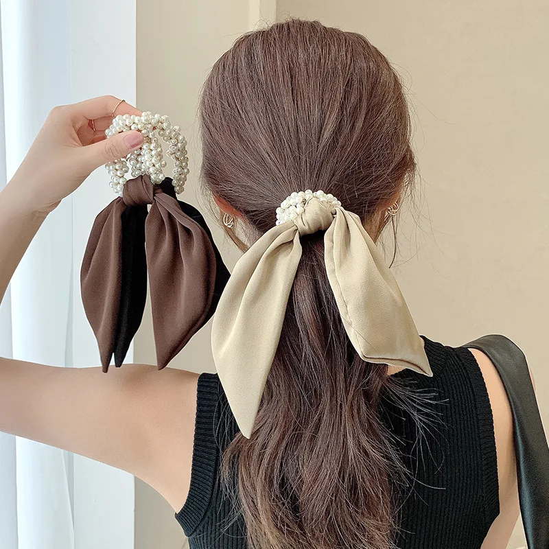 

summer FashionSolid Color Pearls Scrunchies Hair Rope Korean HairTies forWomen Ponytail Sweet Elastic Hair Band Hair Accessories