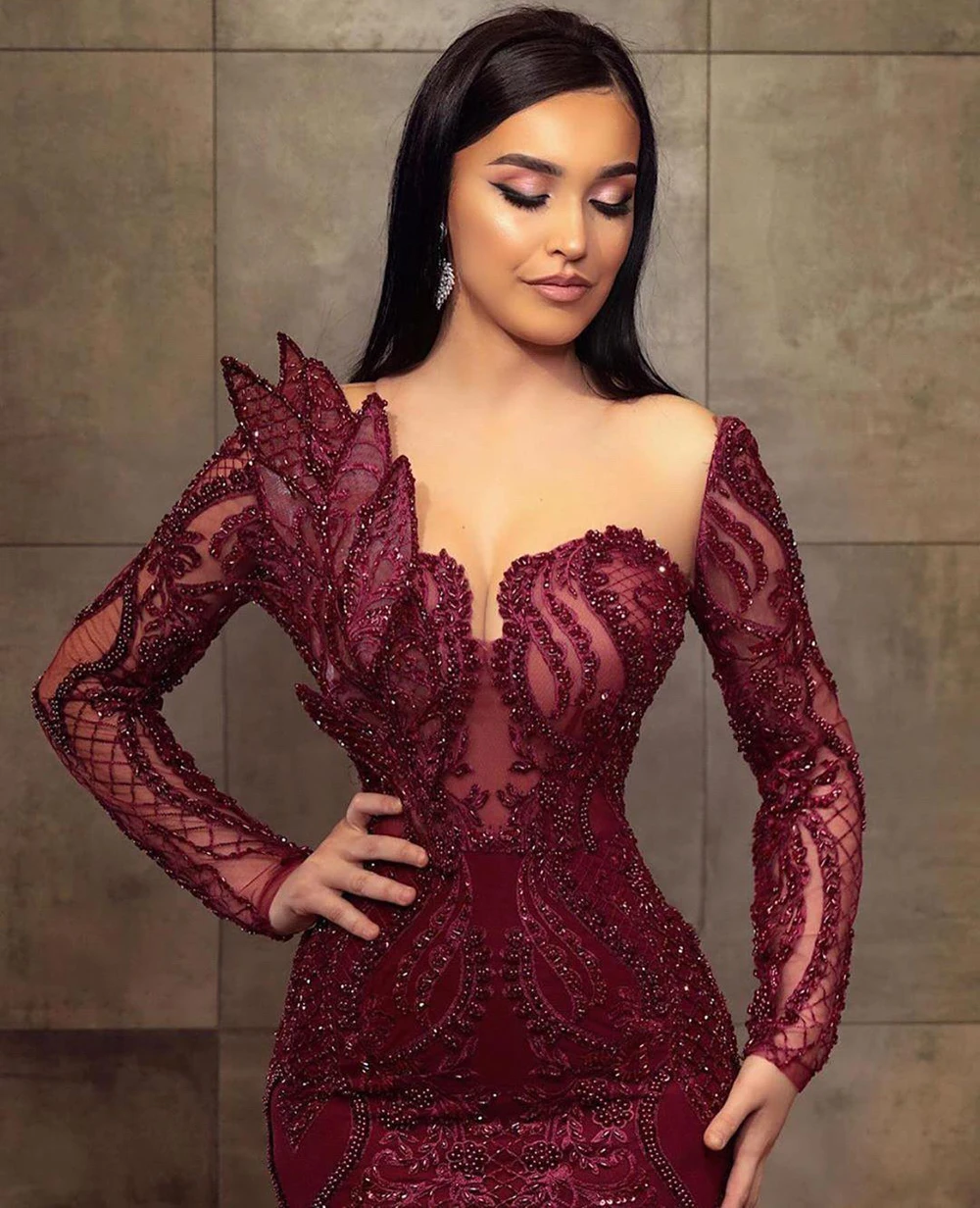 Burgundy Sequined Beading Evening Dresses Full Sleeves Mermaid Asymmetrical Design Formal Party Prom Gowns Vestido De Fiesta