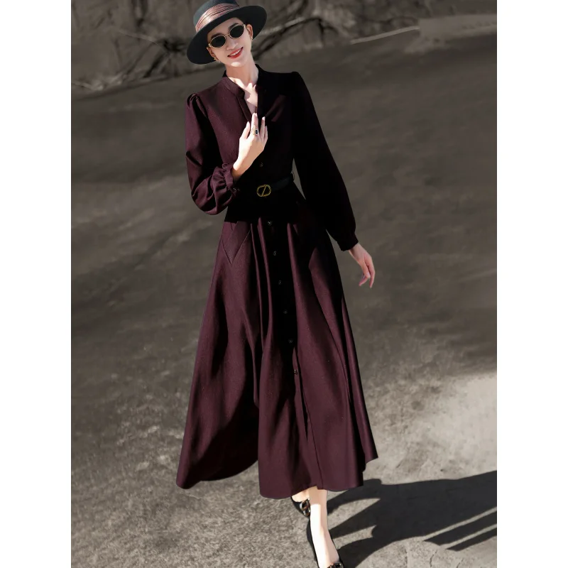 

MEXCOCO 2025Autumn New Elegant High-End Commuter Long-Sleeve Single-Breasted Waist-Tie Solid Color Dress