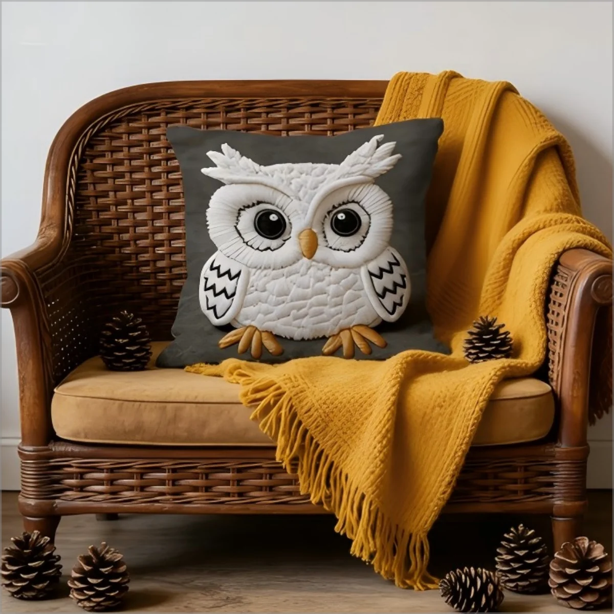 2D Niedlicher Eulen-Kissenbezug Flauschiger Weißer Eulen-Druck Kissenhülle für Sofa Couch Boho Moderne Heimdekoration Tierliebhaber-Geschenk