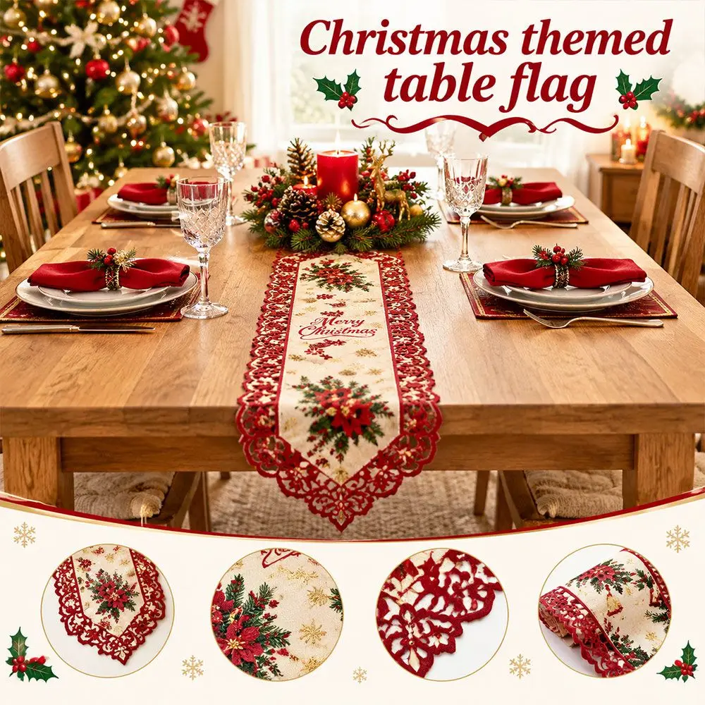 New Lace Edge Christmas Table Runner Christmas Print Classic Hollow Holiday Table Runner Table Cloth Flag Christmas