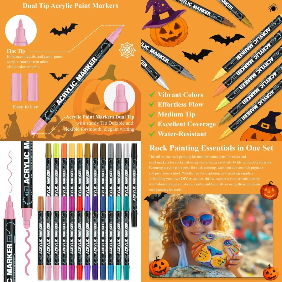 علامات طلاء أكريليك 24 لونًا مع تصميم مزدوج الشريحة لزينة الهالوين مثالية لطلاء اليقطين على لوحة الصخور الخشبية
