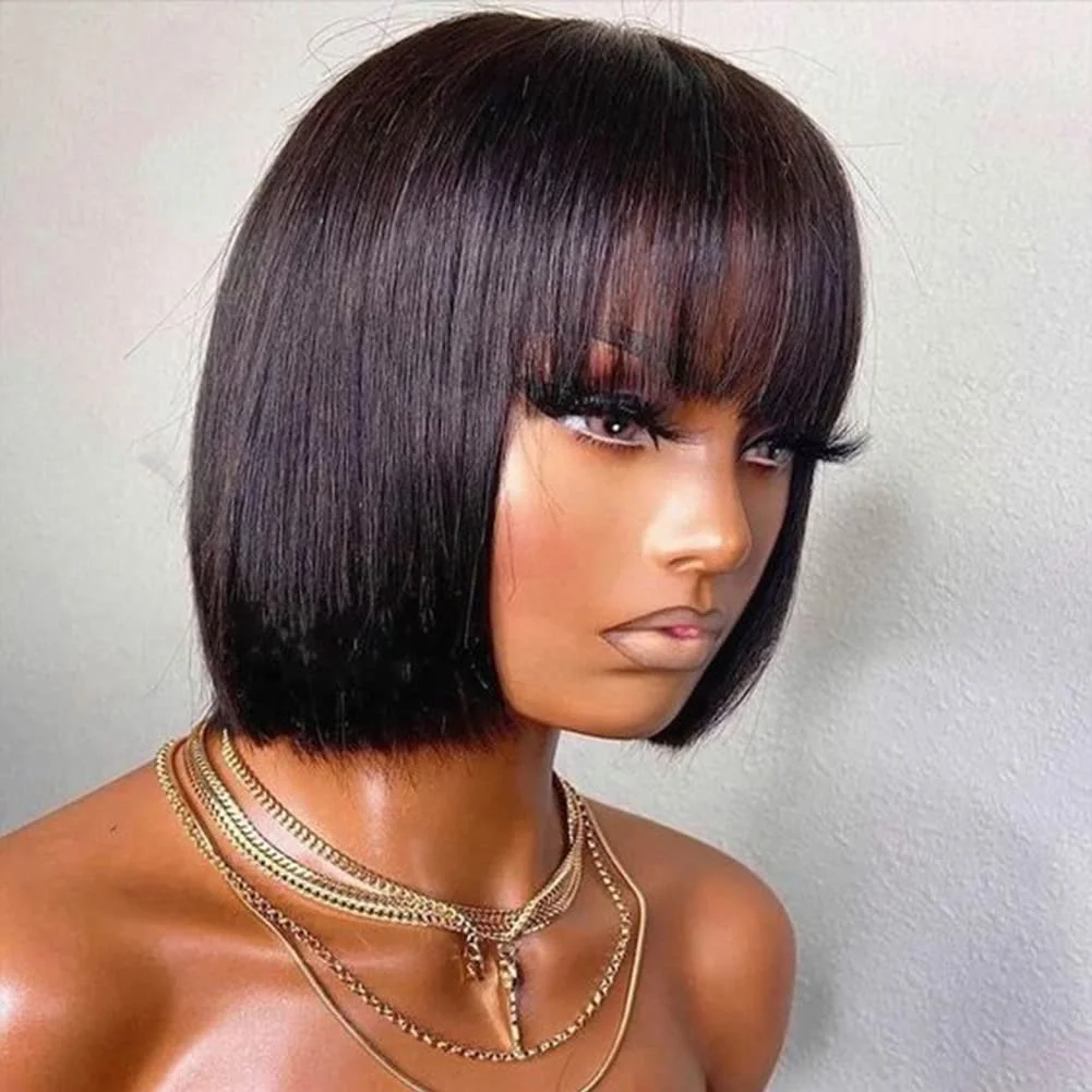 Parrucca per capelli umani Bob con frangia per donne nere Capelli corti lisci Parrucche Bob corte fatte a macchina da 8 pollici nere naturali senza colla