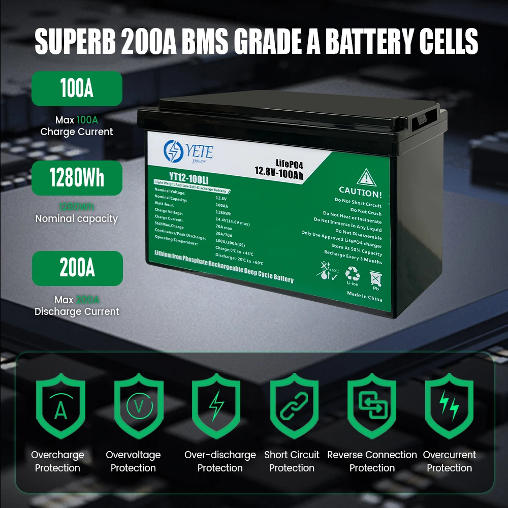 YETE 12V 100Ah LiFePO4 بطارية 1280Wh بطارية ليثيوم مع تحسين 100A BMS 8000-15000 دورات عميقة دعم في سلسلة/متوازية