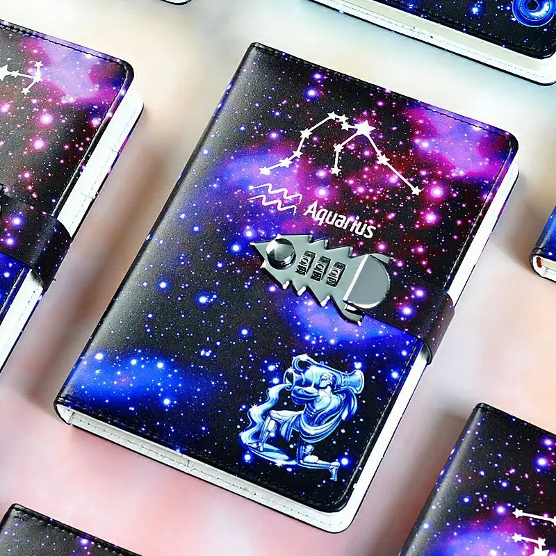 Creative 12 Constellation Password Book with Lock Diary Thickened Password Lock Student Notepad Stationery A5 Notebook